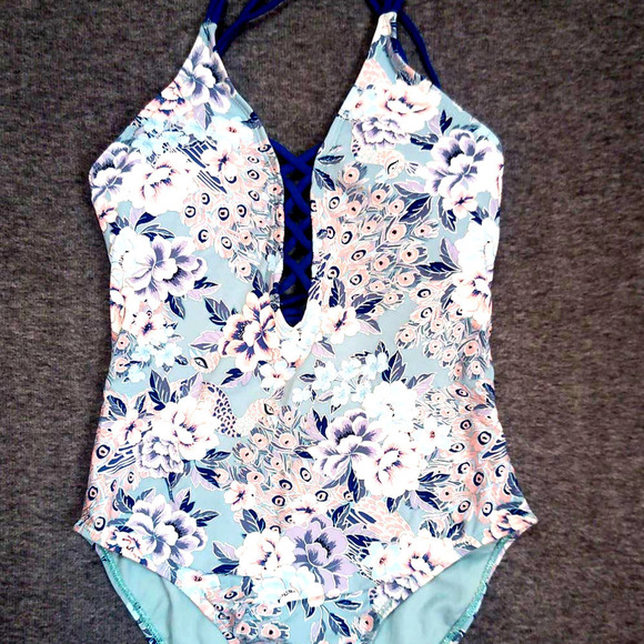 NWT Ambrielle Women Size S One Piece Swimsuit Silver Metallic Floral Peacock - Picture 4 of 6